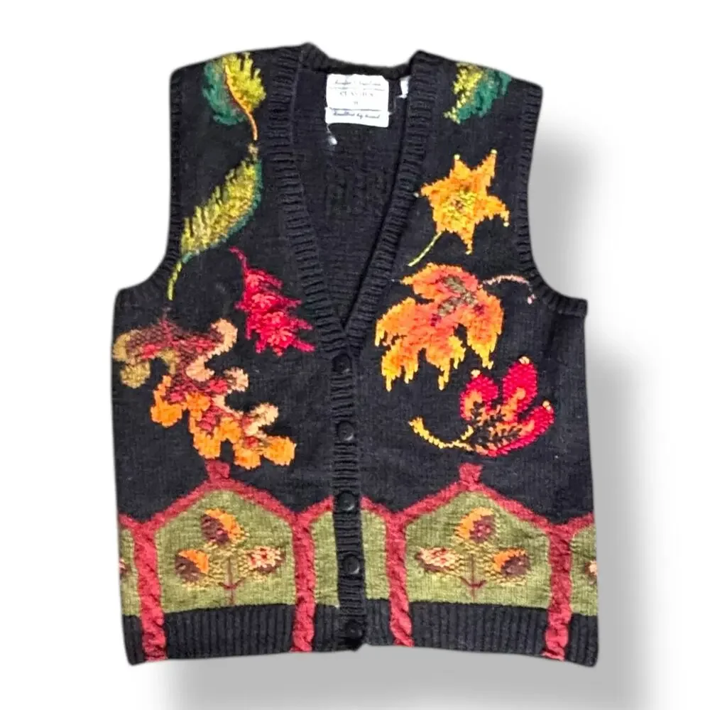 Vintage Marisa Christina Hand Knit Chunky Black Leaf Sweater Vest Black Autumn